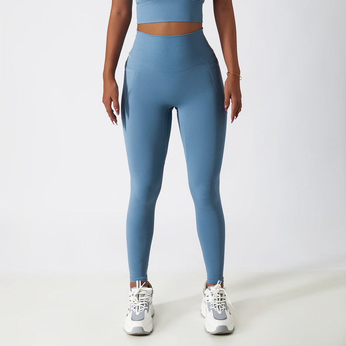 Color-Light Gray Blue-Breathable Cloud Feeling High Waist Hip Lift Yoga Pants Outer Wear Pocket Tight Exercise Running Pants Drying Fitness Pants-Fancey Boutique