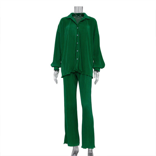 Color-Green-Long Sleeve Collared Pleated Shirt Women Wide Leg Mopping Drape Pleated Trousers Suit-Fancey Boutique