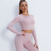 Color-Pink Top-Fitness Suit Cropped Long Sleeve Sports T shirt Peach Hip Raise High Waist Tight Yoga Trousers-Fancey Boutique