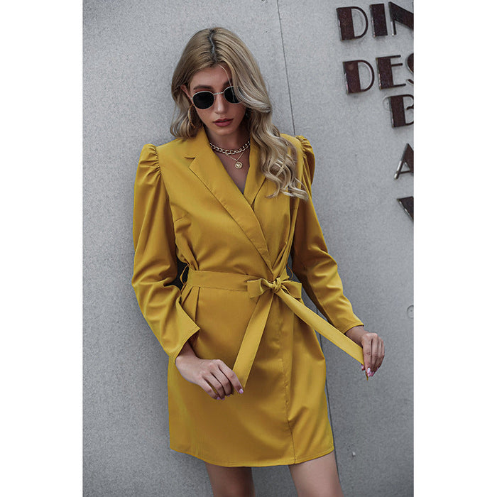Color-Autumn Winter Lace Up Waist Dress Loose Candy Color Tailored Collar Dress-Fancey Boutique