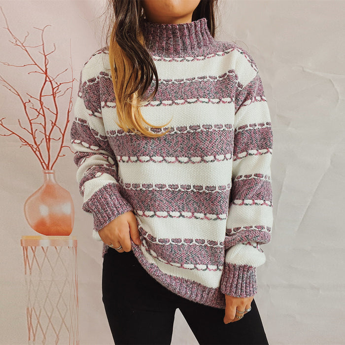 Color-Autumn Winter Chenille Half Turtleneck Contrast Color Striped Knitted Pullover Thickened Sweater-Fancey Boutique