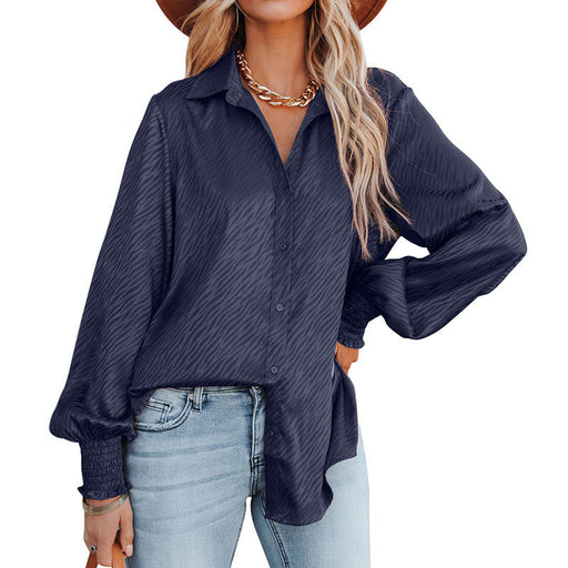 Color-Navy Blue-Women Clothing Zebra Pattern Collared Breasted Loose Top Lantern Long Sleeve Shirt for Women-Fancey Boutique