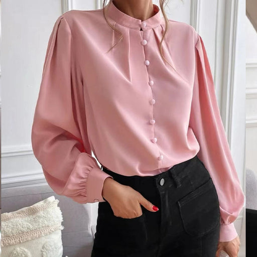 Color-Women Shirt Autumn Elegant Solid Color Collared Long Sleeve Single Row Button Loose Women Top-Fancey Boutique