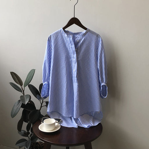 Color-Stripe-Korean Half Placket Striped Shirt for Women Autumn Stand Collar Long Sleeve Design Blouse-Fancey Boutique