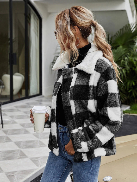 Color-Autumn Winter Zipper Collared Plush Plaid Coat Loose Office Women Outerwear-Fancey Boutique