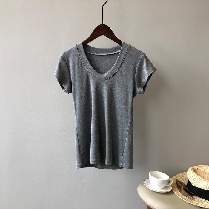 Color-Gray-Solid Color T shirt for Women Summer Simplicity U Collar Slimming Stretch T shirt Top for Women-Fancey Boutique