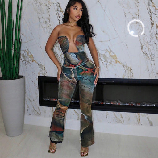 Color-Women Clothing Autumn Winter Sexy Tube Top Backless Abstract Printing High Waist Long Jumpsuit-Fancey Boutique