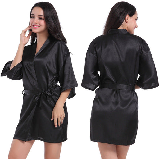 Color-Black-Ladies Robe Artificial Silk Satin Kimono Gown Glossy Solid Color Thin Cardigan Gown Summer Sexy Short Bathrobe-Fancey Boutique