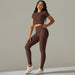 Color-Brown-Women Seamless Knitted Peach Hip High Waist Yoga Clothes Running Fitness Yoga Sports Sets-Fancey Boutique
