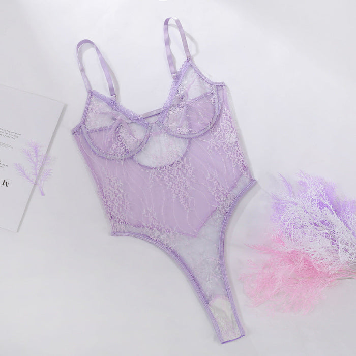 Color-Light Purple-Lace Hollow Out Cutout Jumpsuit Pattern Sexy Underwear-Fancey Boutique