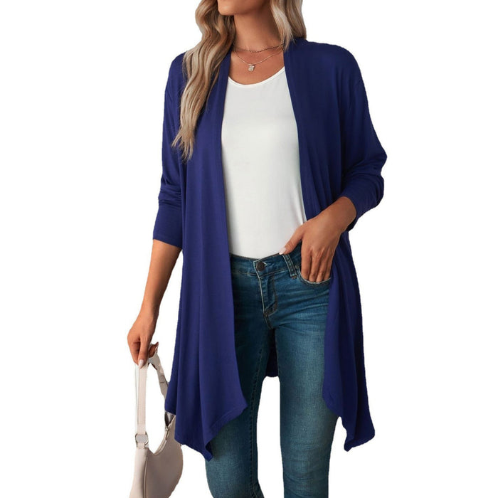 Color-Navy Blue-Women Clothing Autumn Solid Color Long Sleeve Long Women Cardigan-Fancey Boutique