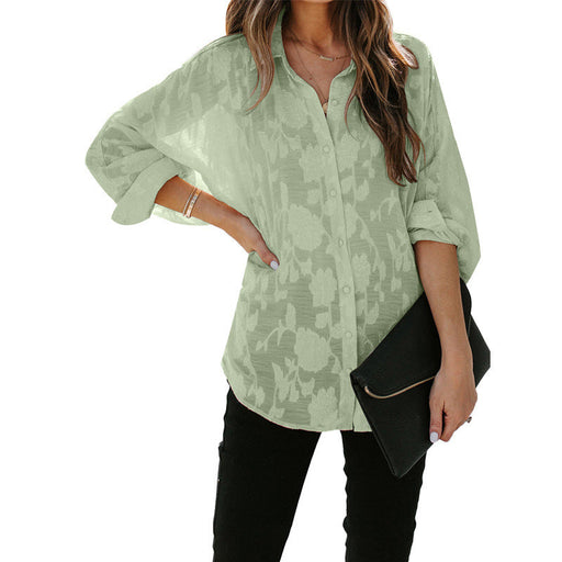 Color-Green-Thin Lapels Shirt Women Autumn Summer Solid Color Start Long Sleeve Shirt-Fancey Boutique