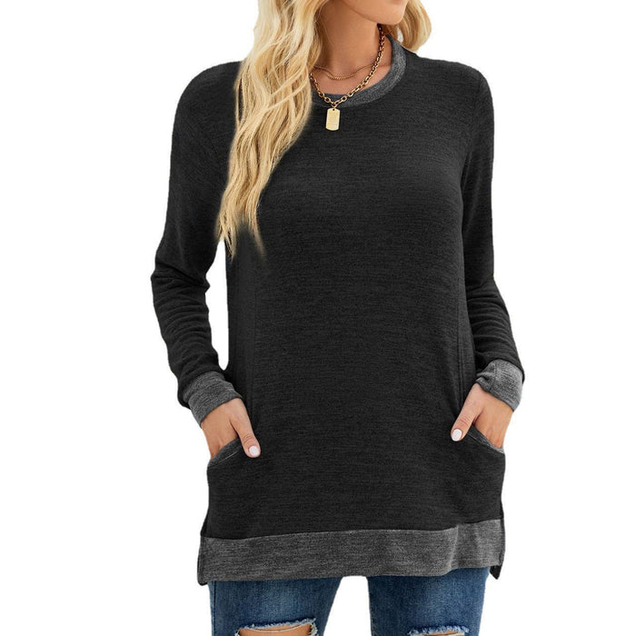 Color-Black-Women Clothing round Neck Multicolor Pocket Long Sleeve Pullover Top Loose-Fitting Casual T-shirt-Fancey Boutique