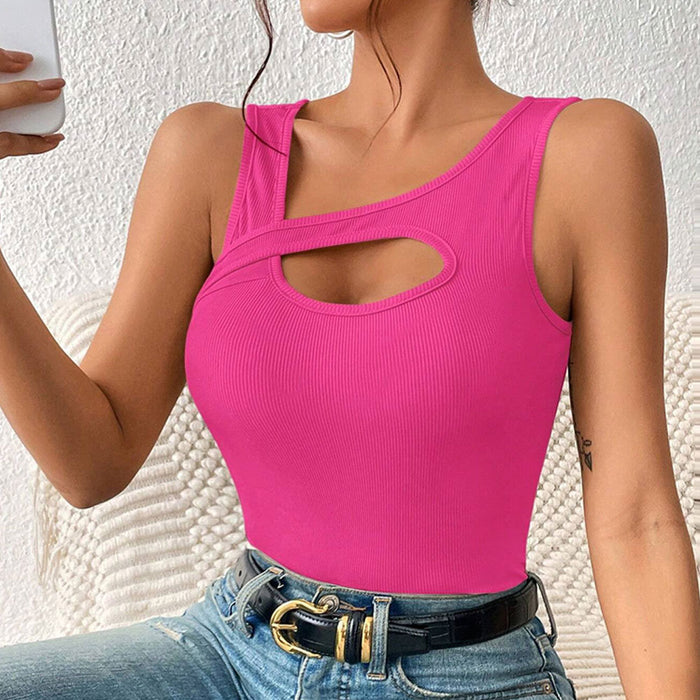Color-Women Clothing Slim Fit Sexy Knitted Solid Color Hollow Out Cutout Vest T shirt Top-Fancey Boutique