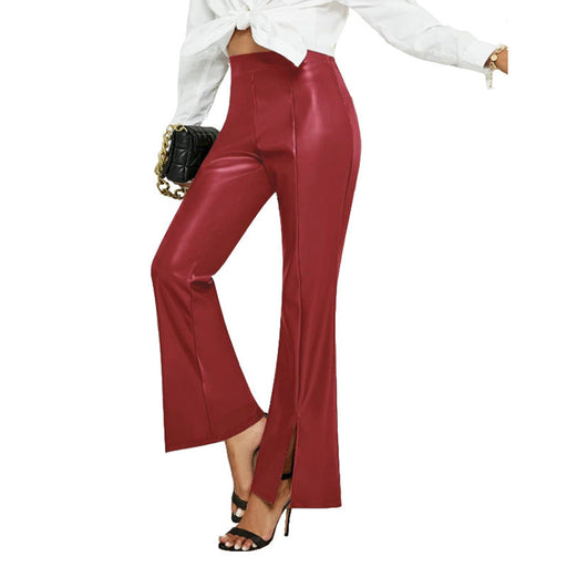 Color-Summer High Waist Slim Fit Slit Bell-Bottom Pants Casual Leather Pants-Fancey Boutique