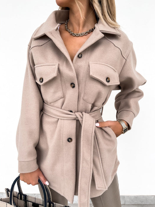 Color-Ivory-Fall Winter Lapels Single-Breasted Thickened Solid Color Shirt Woolen Baggy Coat Female-Fancey Boutique