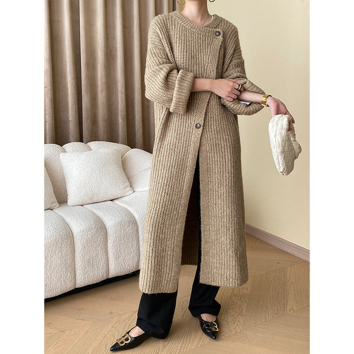 Color-Advanced Idle Early Autumn Rabbit Sheep Hair Combination Thick Knitted Cardigan Baggy Coat Long-Fancey Boutique