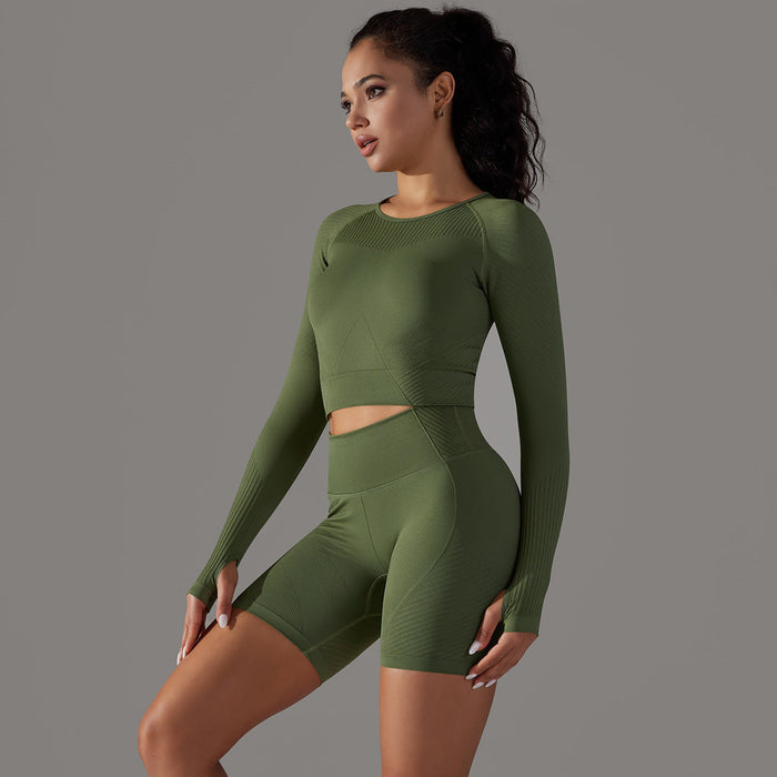 Color-Long Sleeve Shorts Suit-Army Green-Yoga Wear Suit Seamless Breathable Vest Sports Underwear High Waist Hip Lift Fitness Pants Suit-Fancey Boutique