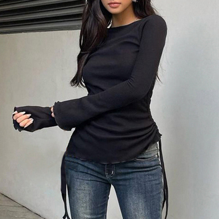 Color-Comfort Casual Pure Black Long Sleeved T shirt Early Autumn Basic Lace up Drawstring Slim Fit Slimming Simple Top-Fancey Boutique