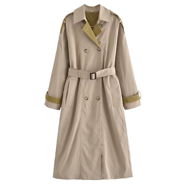 Color-Khaki-Fall Women Clothing Collared Long Sleeve Contrast Color Loose Trench Coat-Fancey Boutique