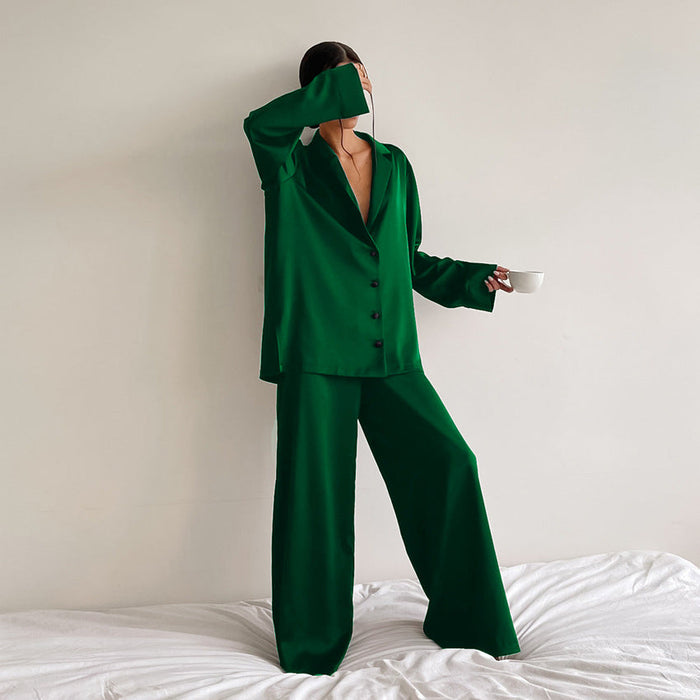 Color-Green-Spring Summer Blue Thin Women Home Silk-like Solid Color Pajamas Ice Silk Loose Can Be Worn outside-Fancey Boutique