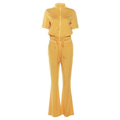 Color-Yellow-Fall Women Clothing Short Sleeve Zipper Cardigan T shirt Slim Fit Slimming Bootcut Pants Suit for Women-Fancey Boutique