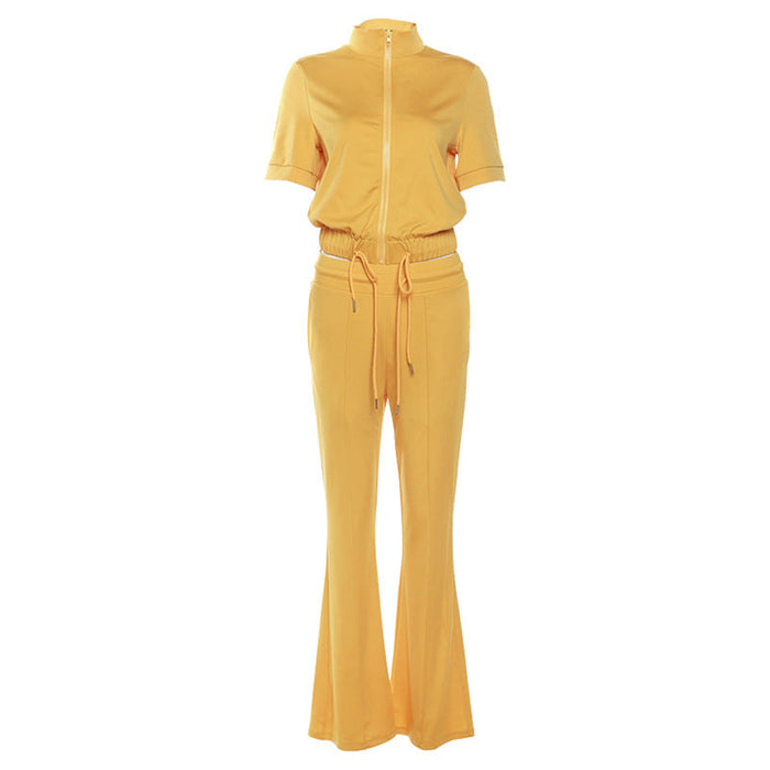 Color-Yellow-Fall Women Clothing Short Sleeve Zipper Cardigan T shirt Slim Fit Slimming Bootcut Pants Suit for Women-Fancey Boutique