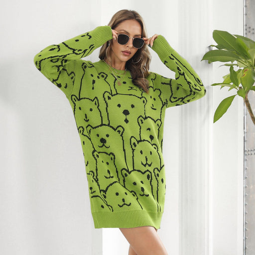 Color-Cute Bear Jacquard Long Sleeve Sweater Dress Women Knitted Dress Loose Autumn Winter Women Clothing-Fancey Boutique