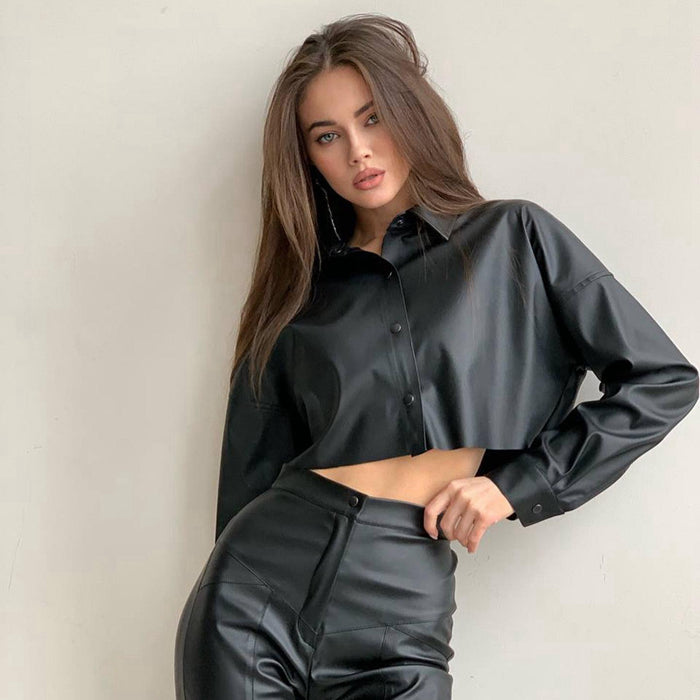Color-Women Clothing Women Autumn Winter Batwing Long Sleeve Cropped Solid Color Faux Leather Shirt Women Shirt-Fancey Boutique