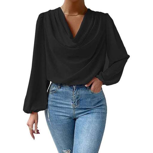 Color-Black-Long Sleeved Shirt Loose Draped V neck Top T shirt Women Clothing-Fancey Boutique