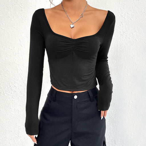 Color-Black-Autumn Winter Women Clothing Trend Slim Fit Slit Sexy Heart Collar Long-Sleeved T shirt Top-Fancey Boutique