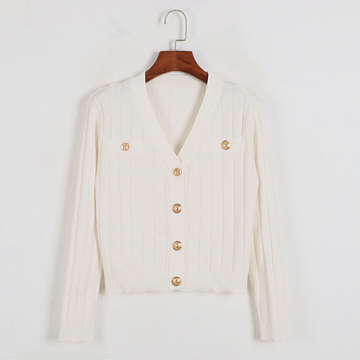 Color-White-Knitted Cardigan Women Early Autumn Goddess Heavy Industry Metal Buckle Long Sleeve Top-Fancey Boutique