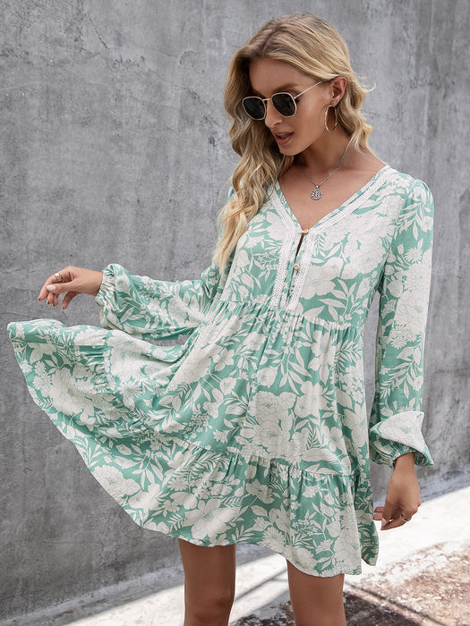 Color-Loose Casual Floral Lace Splicing Pullover Long Sleeve V neck Printed Dress Women-Fancey Boutique