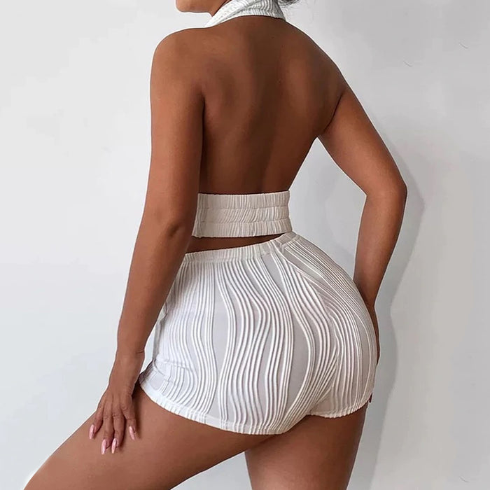 Color-Summer Women Clothing Sexy Backless Jacquard Two Piece Shorts Suit Women-Fancey Boutique