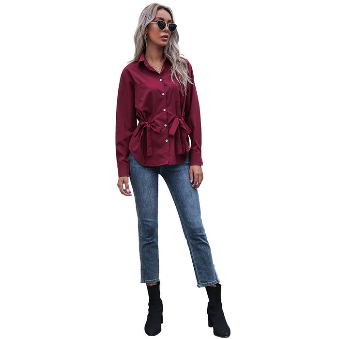 Color-Solid Color Polo Collar Slim Fit Casual Cardigan Design Lace Up Shirt Autumn-Fancey Boutique