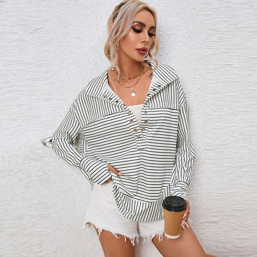 Color-Autumn Striped Printed Long Sleeved Top Women Casual Pullover V neck Sweater Women Clothing-Fancey Boutique
