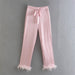 Color-Pink-Women Clothing Summer Lace up Feather Decoration Casual Straight Pants Women Trousers & TOP F00122614-Fancey Boutique