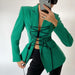 Color-Striped Korean Contrast Color Lace up Office Skin Color Slim Solid Color Blazer Collar Coat-Fancey Boutique