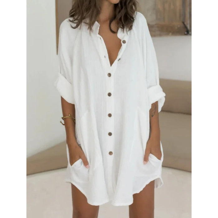 Color-Autumn Winter Casual Loose Single Breasted Shirt Dress Women-Fancey Boutique