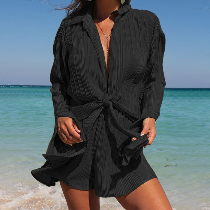 Color-Black-Spring Summer Women Polo Collar Long Sleeved Cardigan Shorts Two Piece Set-Fancey Boutique