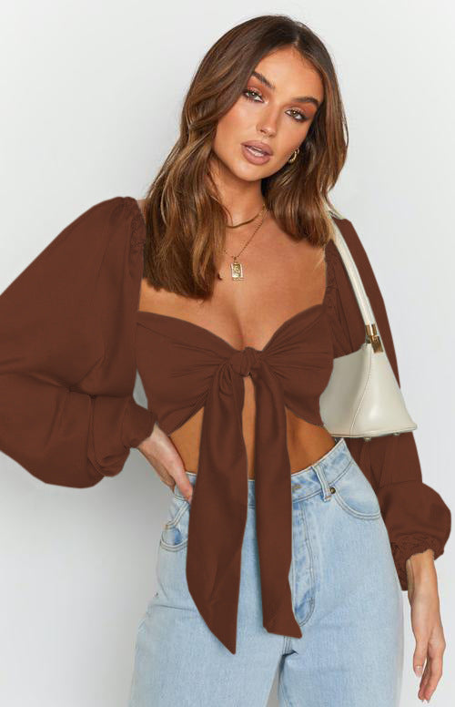 Color-Solid Color Sexy Square Neck Tied Long Sleeves Top Autumn Ultra Short Lantern Sleeve Backless Chiffon Shirt-Fancey Boutique