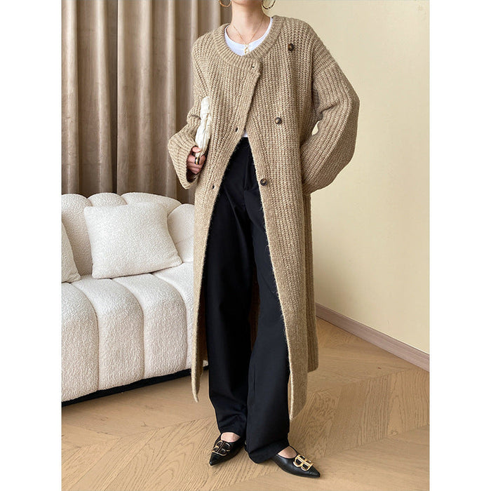 Color-Oatmeal Color-Advanced Idle Early Autumn Rabbit Sheep Hair Combination Thick Knitted Cardigan Baggy Coat Long-Fancey Boutique