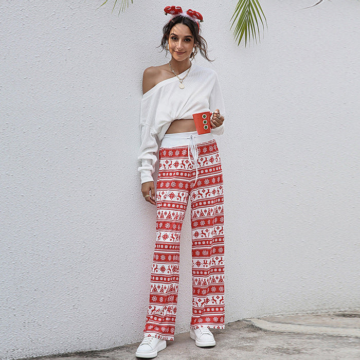 Color-Red Deer-Women Clothing Lace-up Casual Trousers Loose Lace-up Christmas Printed Pants-Fancey Boutique