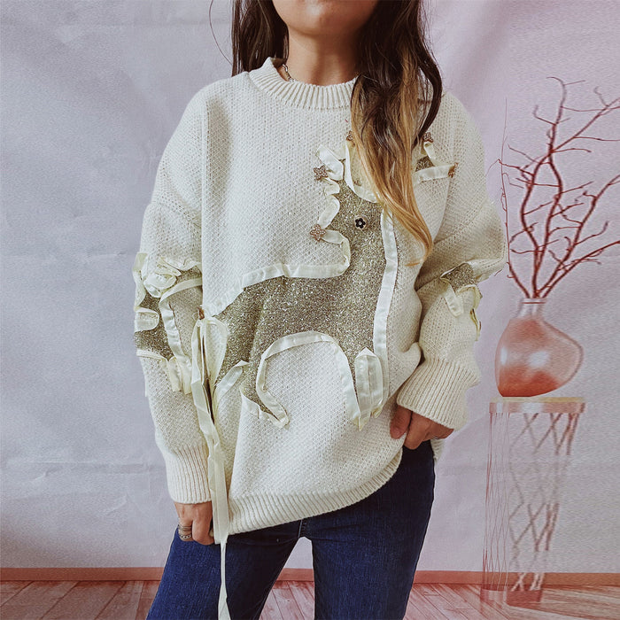 Color-Autumn Winter Christmas Sweater Ribbon Gold Thread Jacquard Deer Round Neck Thickened Knitted Pullover-Fancey Boutique