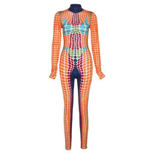 Color-Orange-Summer Women Printed Long Sleeve Round Neck High Waist Tight Jumpsuit Women-Fancey Boutique