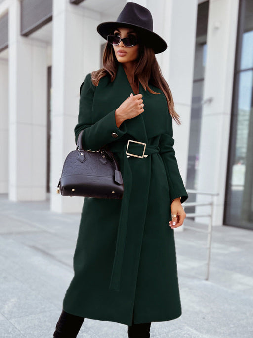 Color-Green-Autumn Winter Long Sleeve Button V neck Lace up Woolen Coat Women Clothing-Fancey Boutique