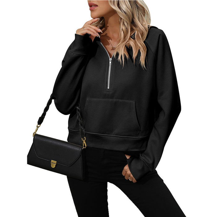 Color-Black-Ladies Half Zip Pullover Hooded Sweatshirt Fleece Short Chic Sweatshirt-Fancey Boutique