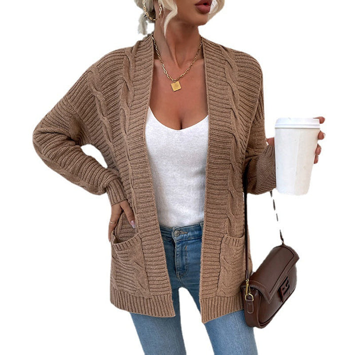 Color-Sweater Women Autumn Winter New Twist Mid-Length Pocket Knitted Cardigan Coat-Fancey Boutique