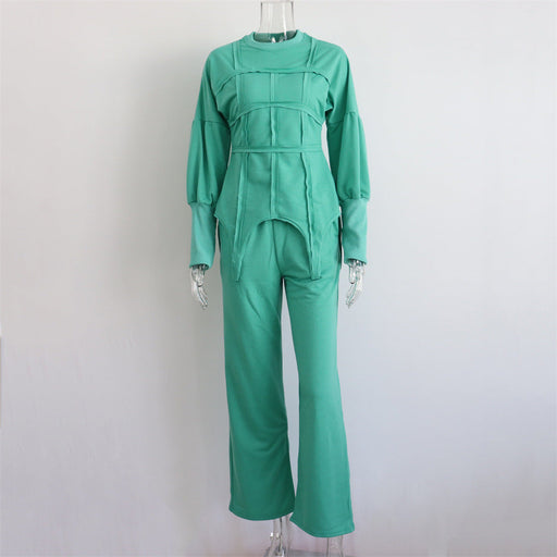 Color-Green-Solid Color Hoodie sets Round Neck Pullover Top Split Straight Pants Casual Two Piece sets-Fancey Boutique