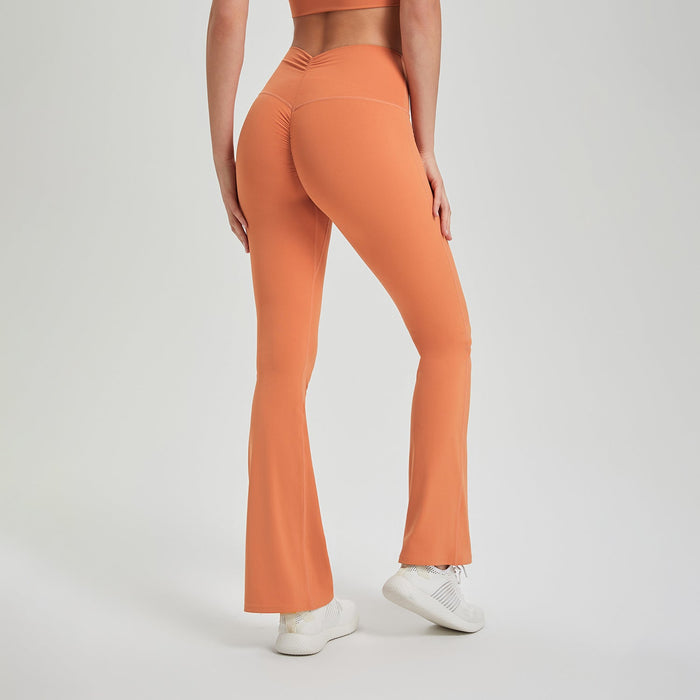 Color-Sweet Tea Orange-Lycra High Waist Pleated Hip Lifting Anti Curling Nude Feel Yoga Pants Outer Wear Running Workout Pants Breathable Fitness Bell Bottom Pants-Fancey Boutique